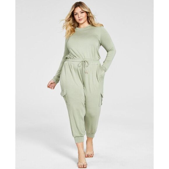 Nina Parker Trendy Plus Size French Terry Jumpsuit, Green, Sz 3X
